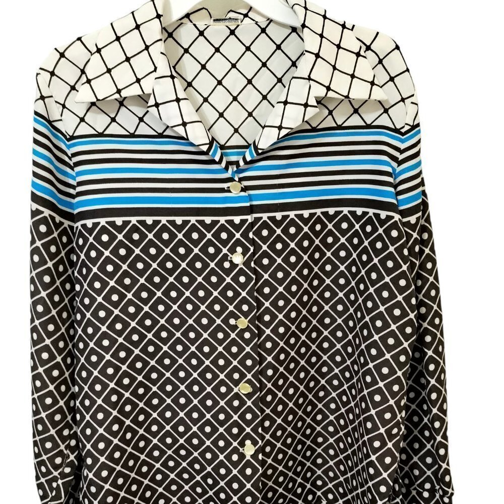 (974) Pykettes Vintage 70's Geometric Print Long Sleeve Button Down Top